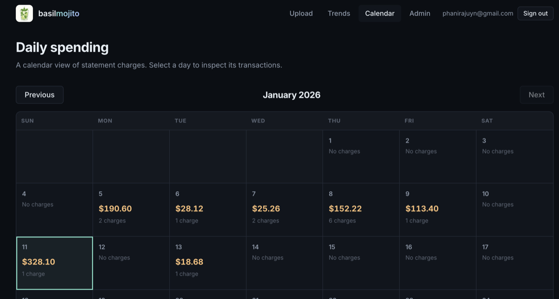 Calendar view showing daily spending totals